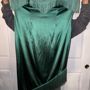 Emerald Green Satin Fringe Midi Dress
